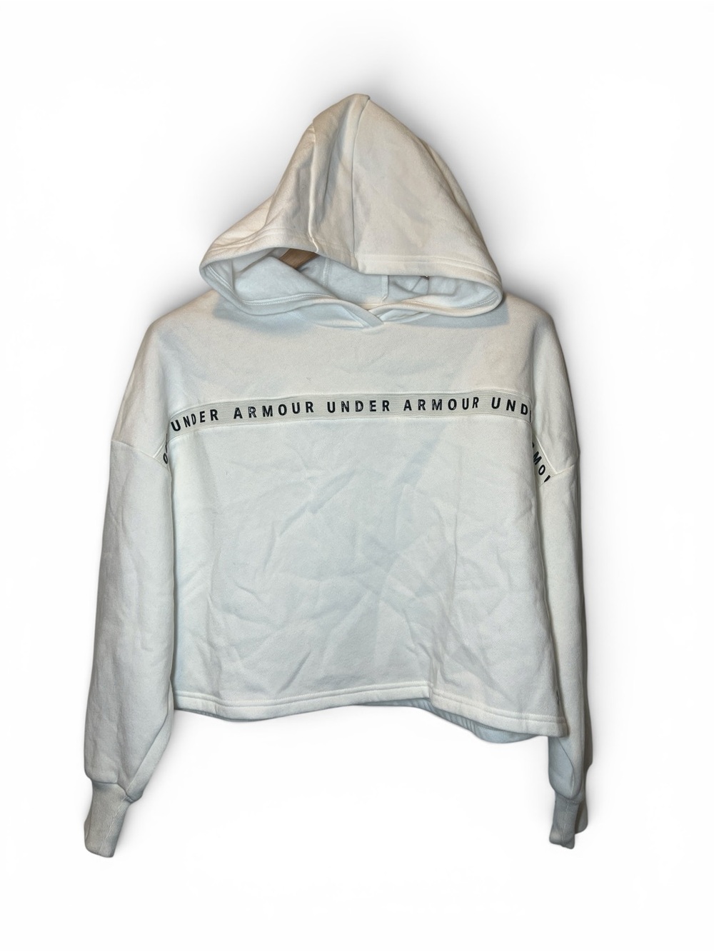 Under Armour White Cropped Hoodie Logo Tape Loose Fit‎ Sweatshirt Athleisure S